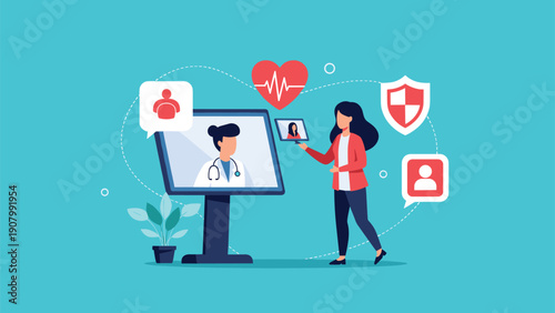 Telehealth concept showing a woman consulting with a medical professional via a large video screen and digital health icons.