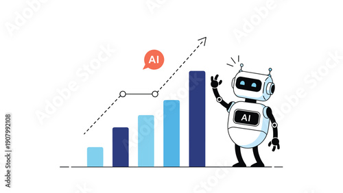 Artificial intelligence integration in business showing cute robot assistant standing next to growing financial bar chart with upward trend arrow.