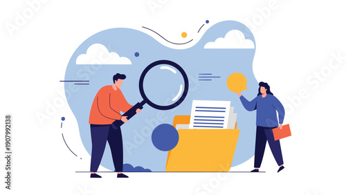 Information search and data recovery concept with people using large magnifying glass to inspect documents inside yellow file folder.