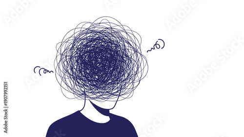 Mental health awareness concept depicting person with chaotic scribble or tangled lines representing confusion, stress, anxiety, or depression.