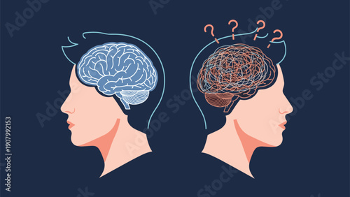 Mental health comparison concept featuring two head profiles with one showing clear brain and other showing tangled lines with question marks.