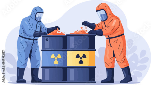 Two figures in hazmat suits handle glowing orange material in drums