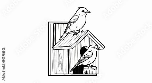 Two birds perched on and around a rustic wooden birdhouse