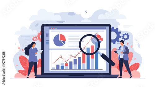 Business professionals analyzing growth charts and statistics on a giant laptop screen using a large magnifying glass for data research and audit.