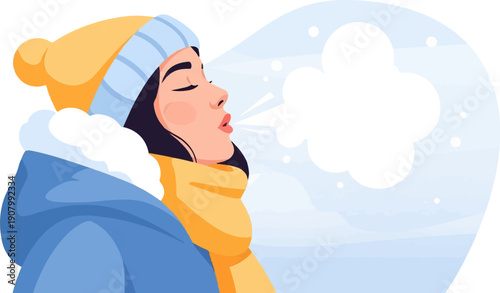 Woman in winter attire exhales visible breath into cold air