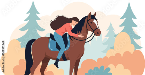 Young woman embraces her horse in a stylized forest setting