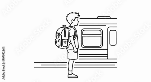 Young traveler with backpack waits by a train