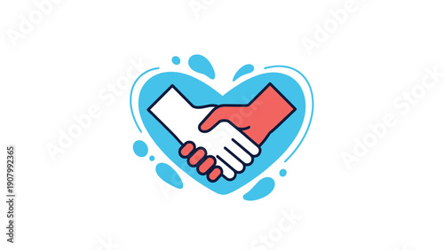 Two hands shaking in a firm agreement inside a blue heart frame with water drops representing trust partnership and successful collaboration.