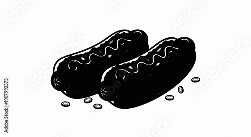 Two black and white illustrations of hot dogs with toppings and onion rings