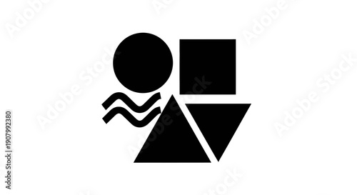 Abstract silhouette of a person with a surfboard and geometric shapes in background