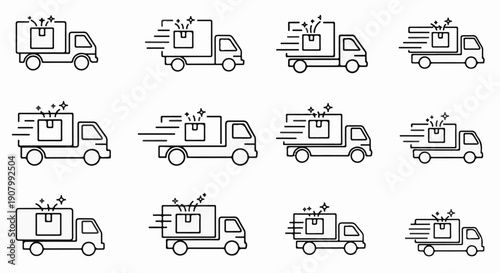 Twelve line-art icons depicting trucks delivering packages with sparkles