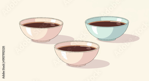 Three bowls of dark liquid, two light pink, one light blue, isolated