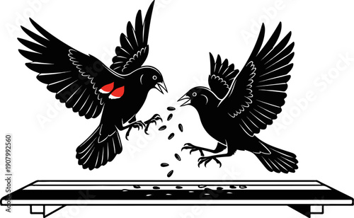 Two black birds with red shoulder patches feed on scattered seeds from a perch