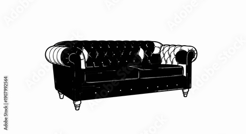 Tufted leather sofa with rolled arms and carved wooden legs
