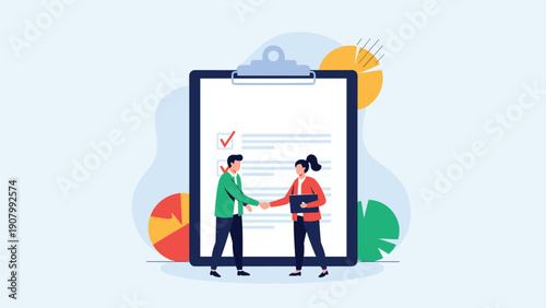 Two business people shaking hands in front of a giant clipboard with a checklist symbolizing a completed contract and successful agreement.