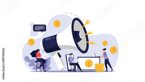 Three professionals working on laptops and tablets around a giant megaphone with gold coins representing audio marketing and advertising ROI.