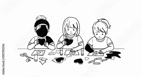 Three children create heart crafts with art supplies at a table