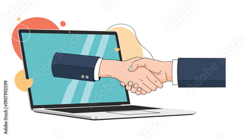 Business handshake occurring through a laptop screen symbolizing successful digital deal and remote partnership agreement.