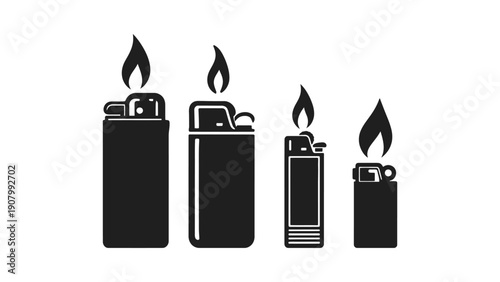 Four lighters of varying sizes are shown in silhouette.