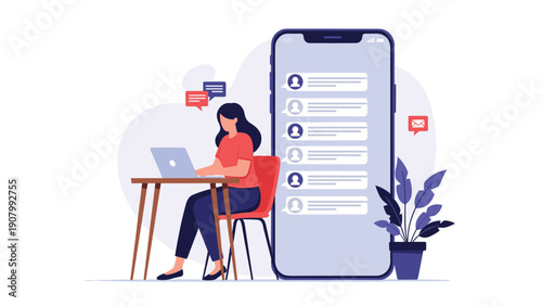 Professional woman working on a laptop at her desk next to a giant smartphone displaying multiple chat messages.