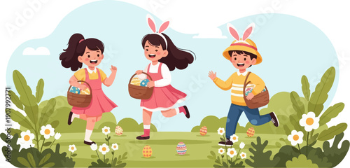 Three happy children with bunny ears and baskets search for Easter eggs in a field