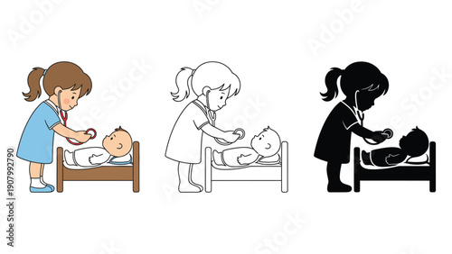 A child plays doctor with a baby in a bed.