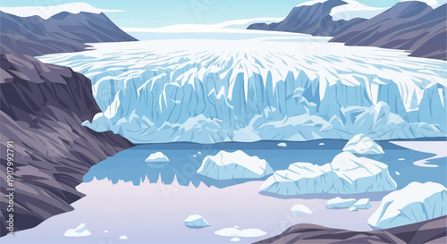 Vast glacier reaching down to the sea, with icebergs floating in the water