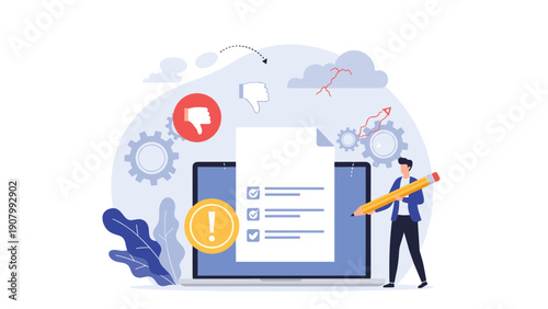 Professional man holding a giant pencil while filling out a digital checklist on a large laptop screen with warning icons.