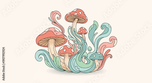 Whimsical cartoon mushrooms with flowing organic pastel-colored tendrils