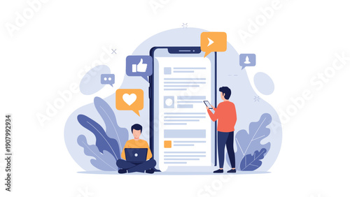 Diverse people using a laptop and a small smartphone next to a giant mobile screen with social media feed and icons.