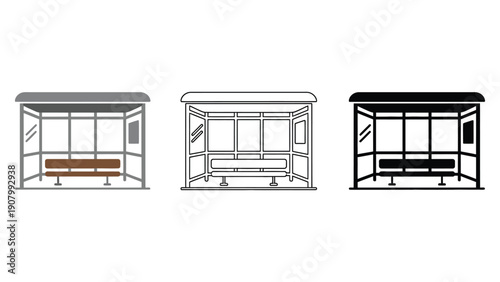 Three different styles of a bus stop shelter are shown.