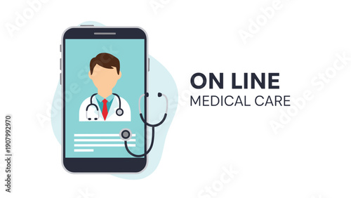 Online medical care concept with a smartphone screen showing a professional doctor and an external stethoscope icon.
