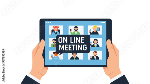 Human hands holding a tablet device displaying an online meeting with multiple participants and a text bubble.
