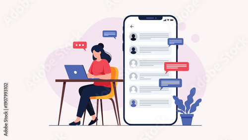 Professional woman working on her laptop at a desk while a giant smartphone displays a sequence of incoming chat messages for communication.