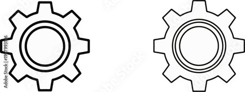 Two black line drawings of gears on a white background, one simple, one with rings