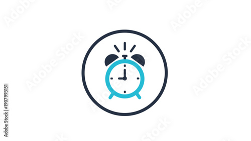 Simple alarm clock icon in a circular frame features a blue clock face and dark bells to represent time management or morning wake up.