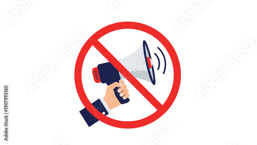 Hand holding a megaphone is crossed out by a large red prohibition circle sign to indicate a noise ban or a call for silence.