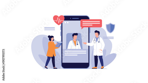 Healthcare workers assist a patient in front of a giant smartphone showing a doctor on a video call for a telemedicine consultation.
