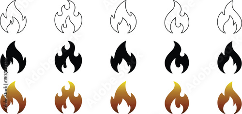 Fire flame icon set with outline, solid black, and gradient styles. Burning flame symbols for heat, danger, energy, or creative design projects. Minimal fire icon collection isolated.