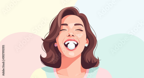 Woman laughing with a ball in her mouth and pastel background