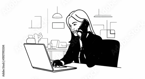 Woman on phone at desk with laptop and plant