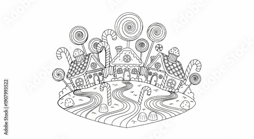 Whimsical candy village with swirly lollipops, gingerbread houses, and candy canes