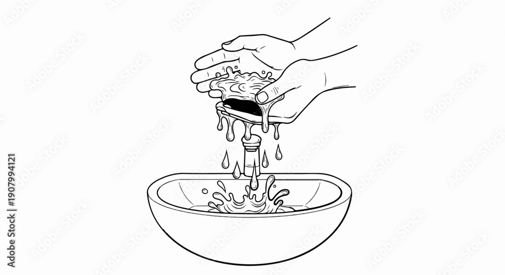 Obraz premium Two hands holding a bar of soap under a running faucet, dripping into a sink