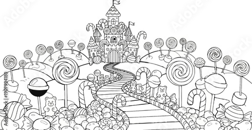 Whimsical candy land castle with lollipop trees and gummy bear inhabitants