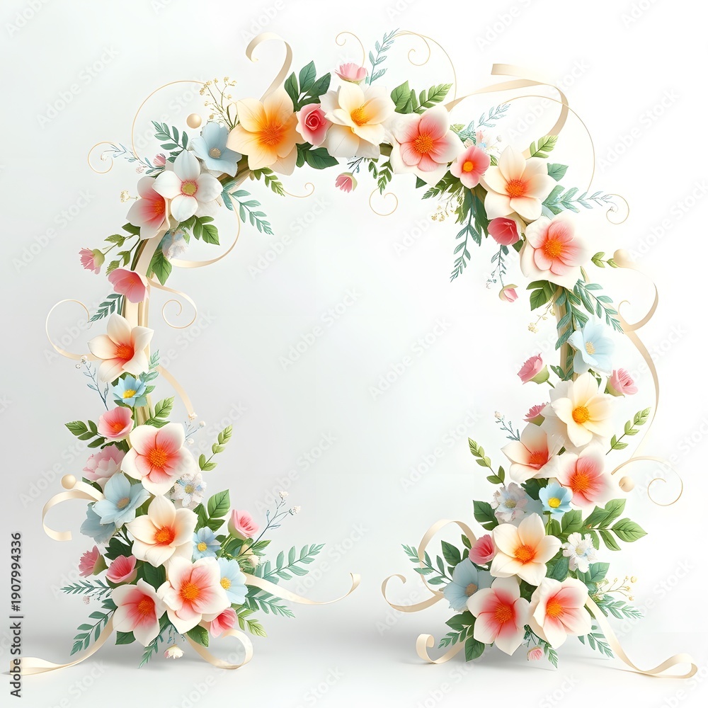Fototapeta premium Elegant Peach Rose Floral Arch Illustration with Green Leaves and Soft Ribbons, Romantic Wedding Frame, Botanical Flower Garland Isolated on White Background, Luxury Pastel Floral Decoration Design