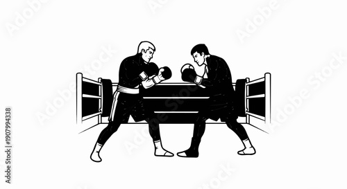 Two boxers in a ring, wearing shorts and gloves, ready to fight