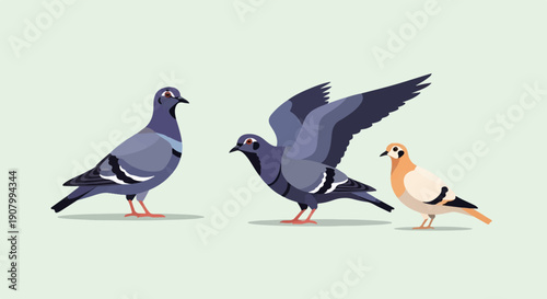 Three pigeons, two grey and one light brown, rendered in pixel art