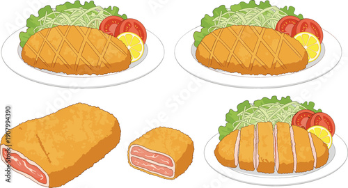 Japanese tonkatsu pork cutlet set with shredded cabbage tomato and lemon slices on a plate for restaurant menu and asian food illustration.