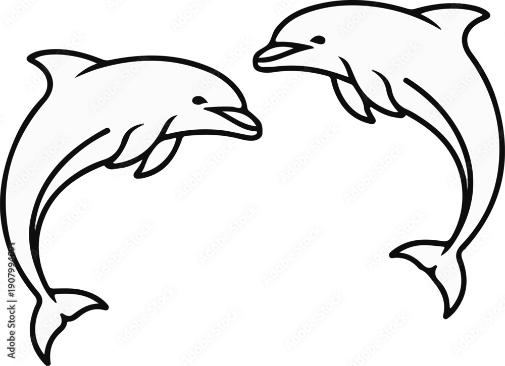 Fototapeta premium Two playful dolphins leaping together, rendered in a simple black and white line drawing
