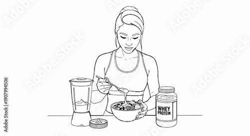 Woman prepares healthy breakfast with protein powder and fruit